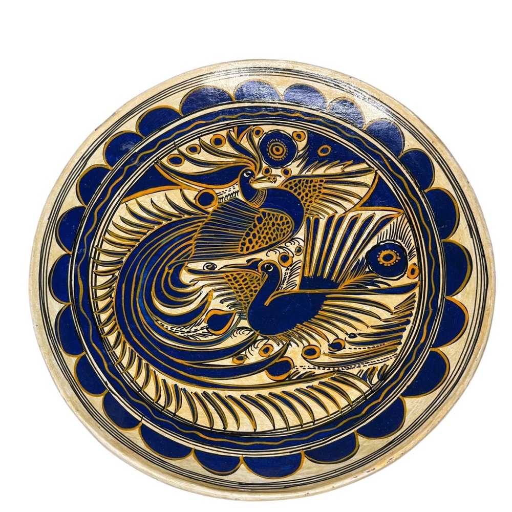Vintage Mexican Folk Art Handcrafted Blue and Gold Decorative Clay /Pottery Tray